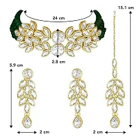 Gold Plated Jewellery Set with Kundan and Pearls, Necklace, Earrings, Maang Tikka (GREEN)-thumb3