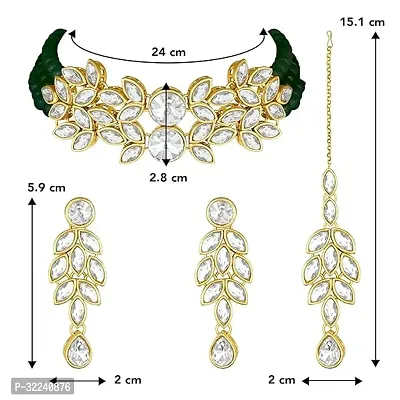 Gold Plated Jewellery Set with Kundan and Pearls, Necklace, Earrings, Maang Tikka (GREEN)-thumb4