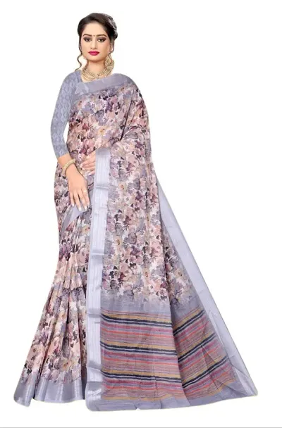 Linen 3D Digital Saree for Women with Unstitched Blouse Piece