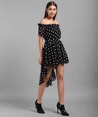 Elegant Black Chiffon Polka Dot Print Mini Dress For Women-thumb2