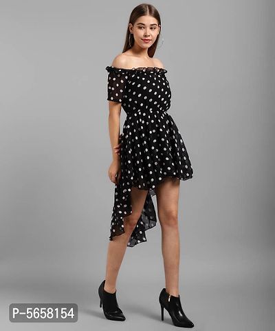 Elegant Black Chiffon Polka Dot Print Mini Dress For Women-thumb3