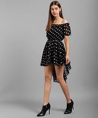 Elegant Black Chiffon Polka Dot Print Mini Dress For Women-thumb1