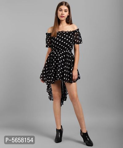 Elegant Black Chiffon Polka Dot Print Mini Dress For Women