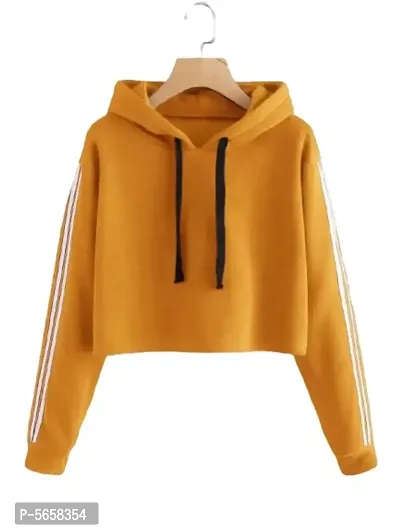 Stylish Yellow Solid Fleece Full Sleeve Crop Hooded Sweatshirt For Women-thumb0