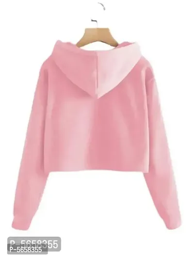 Stylish Pink Solid Fleece Full Sleeve Crop Hooded Sweatshirt For Women-thumb2