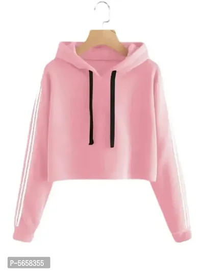 Stylish Pink Solid Fleece Full Sleeve Crop Hooded Sweatshirt For Women