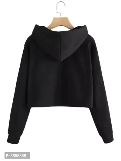 Stylish Black Solid Fleece Full Sleeve Crop Hooded Sweatshirt For Women-thumb2