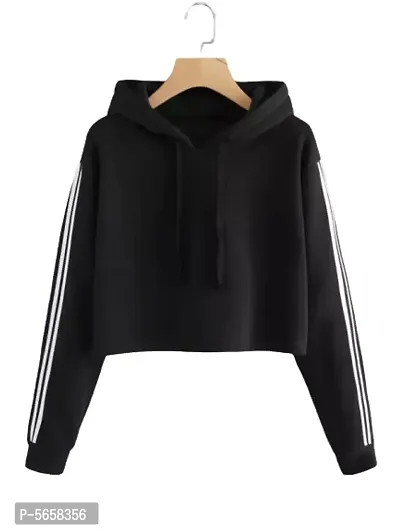 Stylish Black Solid Fleece Full Sleeve Crop Hooded Sweatshirt For Women