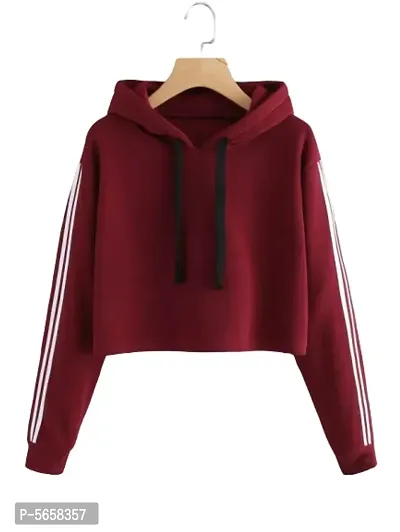 Stylish Maroon Solid Fleece Full Sleeve Crop Hooded Sweatshirt For Women