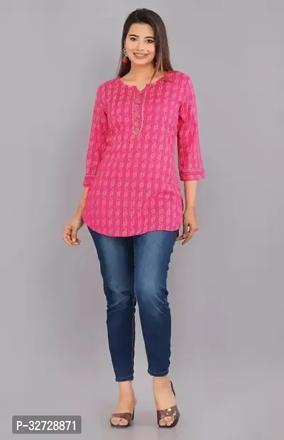 Beautiful Cotton Pink Printed Short Kurta For Women-thumb0