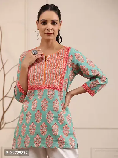 Beautiful Cotton Green Printed Short Kurta For Women