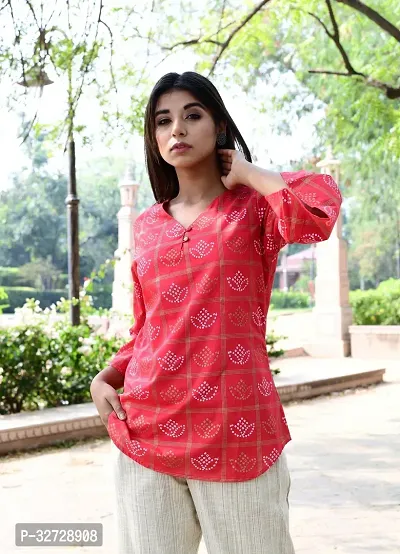 Beautiful Cotton Red Printed Short Kurta For Women-thumb0