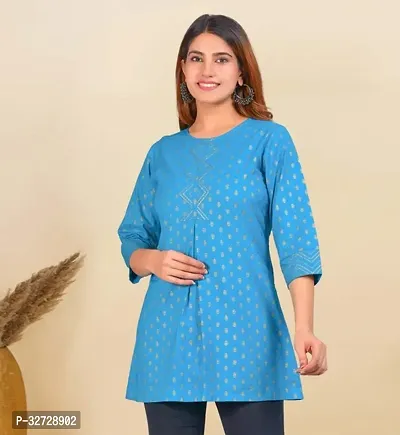 Beautiful Cotton Blue Printed Short Kurta For Women-thumb0