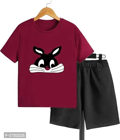 Fabulous Maroon Cotton Blend Printed T-Shirts with Shorts Set For Kids-thumb0