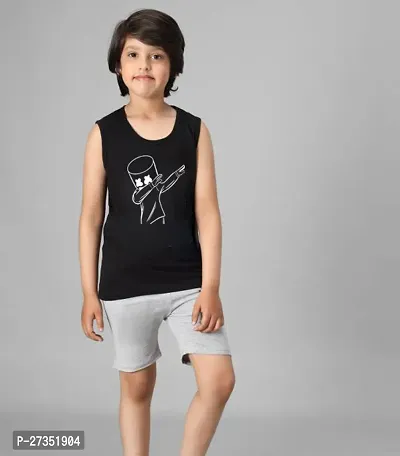 Fabulous Black Cotton Blend Printed T-Shirts with Shorts Set For Kids-thumb0