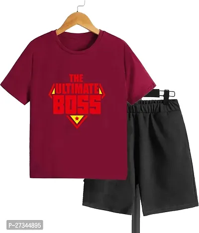 Fabulous Maroon Cotton Blend Printed T-Shirts with Shorts Set For Kids-thumb0