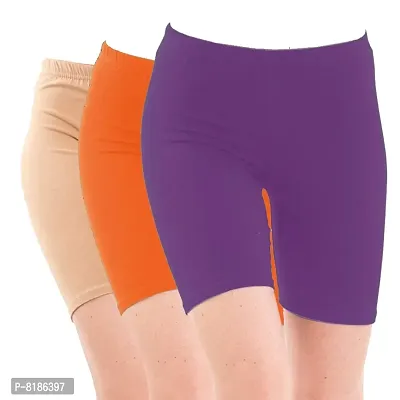 YEZI Shorts for Women | Girls | Ladies - Combo Pack of 3 Stretchable Shorts for Women for Gym, Yoga, Cycling and Sports Activities (Beige, Orange, Purple)-thumb0