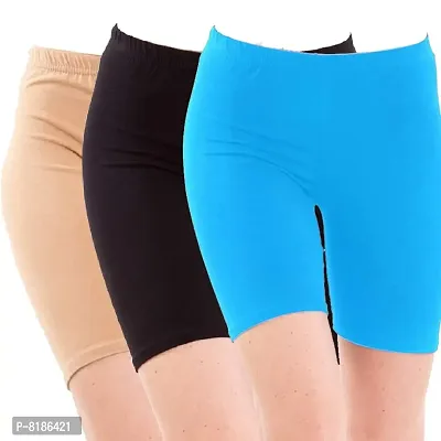 YEZI Shorts for Women | Girls | Ladies - Combo Pack of 3 Stretchable Shorts for Women for Gym, Yoga, Cycling and Sports Activities (Beige, Black, SkyBlue)-thumb0