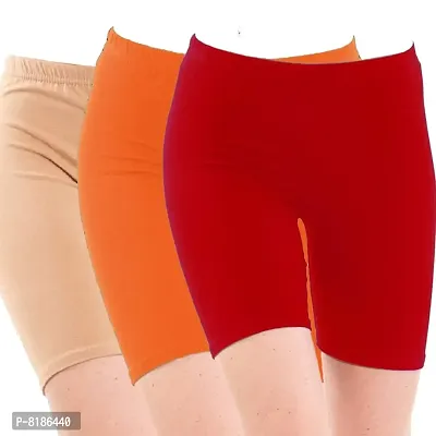 YEZI Shorts for Women | Girls | Ladies - Combo Pack of 3 Stretchable Shorts for Women for Gym, Yoga, Cycling and Sports Activities (Beige, Orange, RED)-thumb0