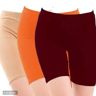 YEZI Shorts for Women | Girls | Ladies - Combo Pack of 3 Stretchable Shorts for Women for Gym, Yoga, Cycling and Sports Activities (Beige, Orange, Maroon)-thumb0