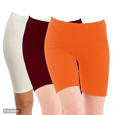 YEZI Shorts for Women | Girls | Ladies - Combo Pack of 3 Stretchable Shorts for Women for Gym, Yoga, Cycling and Sports Activities (White, Maroon, Orange)-thumb0