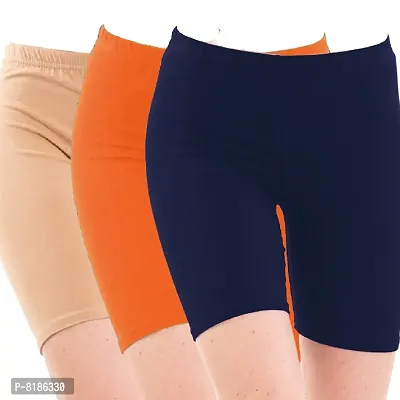 YEZI Shorts for Women | Girls | Ladies - Combo Pack of 3 Stretchable Shorts for Women for Gym, Yoga, Cycling and Sports Activities (Beige, Orange, NAVYBLUE)