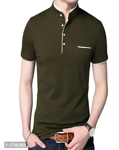 Mens Half Sleeve Mandarin Collar Casual T-shirt(Color: Olive)-thumb0