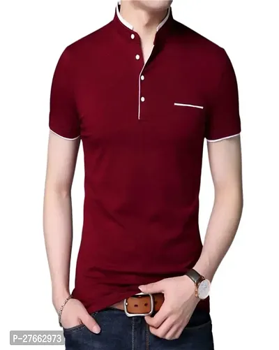 Mens Half Sleeve Mandarin Collar Casual T-shirt(Color: Maroon)-thumb0