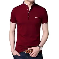 Mens Half Sleeve Mandarin Collar Casual T-shirt(Color: Maroon)-thumb1