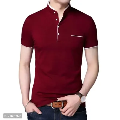 Mens Half Sleeve Mandarin Collar Casual T-shirt(Color: Maroon)-thumb2