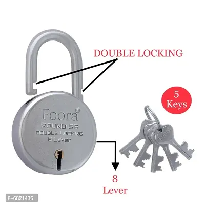 Foora Round 65mm Padlock, Lock with 5 Keys, Double Locking  8 Lever Technology