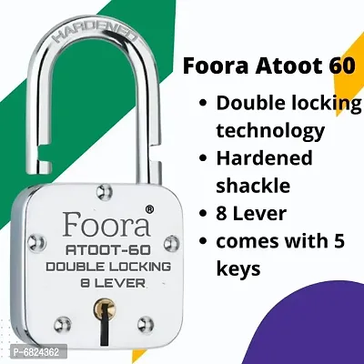 Foora Atoot 60mm Padlock, Lock with 5 Keys, Double Locking Hardened Shackle   8 Lever Technology-thumb2