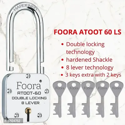 Foora Atoot 60 LS mm Padlock, Lock with 5 Keys, Double Locking, Hardened Shackle  8 Lever Technology