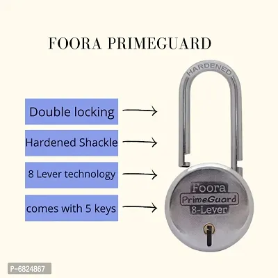 Foora PrimeGuard 65 LS mm Padlock, Lock with 5 Keys, Double Locking Hardened Shackle  8 Lever Technology