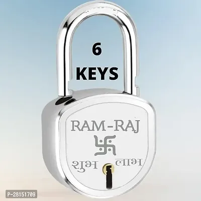 RAM-RAJ shubh labh Lock and 6 Keys Door Lock for Home Steel 65mm, Double Locking, 8 Lever Lock for Home, gate, Door, Shop, Shutter Original Aligarh Lock, Silver Finish (Pack of 1)-thumb0