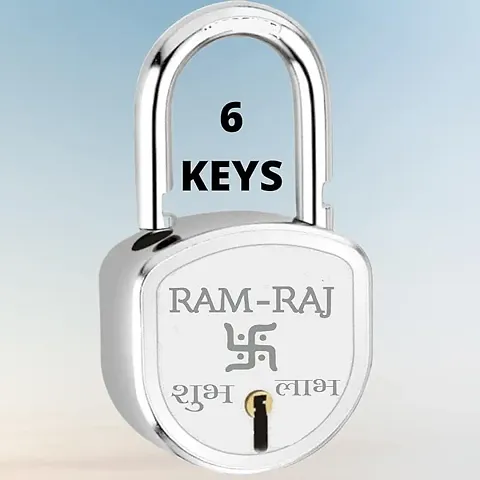 RAM-RAJ shubh labh Lock and 6 Keys Door Lock for Home Steel 65mm, Double Locking, 8 Lever Lock for Home, gate, Door, Shop, Shutter Original Aligarh Lock, Silver Finish (Pack of 1)
