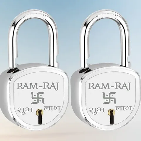 RAM-RAJ shubh labh lock and keys door lock for home Steel 65mm, double locking, 8 lever lock for home, gate, door, shop, shutter original Aligarh lock, silver finish (Pack of 2)
