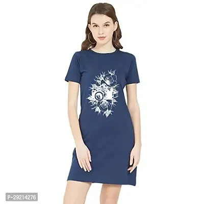 Stylish Navy Blue Cotton Blend Printed T-Shirt Dress For Women-thumb0