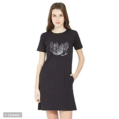 Stylish Black Cotton Blend Printed Round Neck T-shirt Dress For Women-thumb0