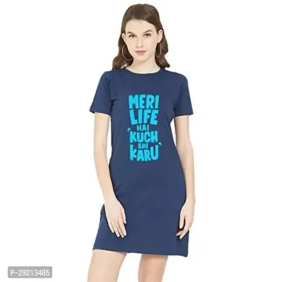 Stylish Navy Blue Cotton Blend Printed T-Shirt Dress For Women-thumb0