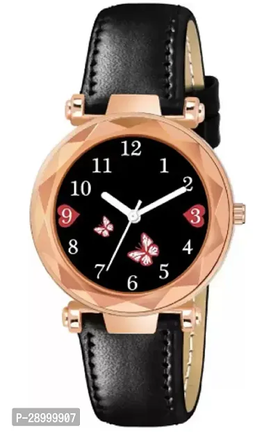 Fashionable Black Dial Genuine Leather Analog Watch For Women-thumb0