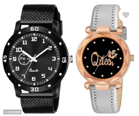 Modern Black PU Analog Watches For Couple Pack Of 2-thumb0