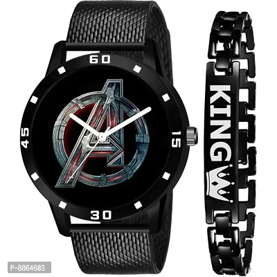 Avengers Stylish Dial- PU Strap Analog Watch And Black King Bracelet Combo Set For Men