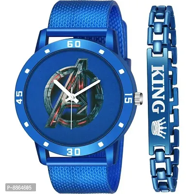 Ew Stylish Dial- PU Strap Analog Watch And Blue King Bracelet Combo Set For Men-thumb0