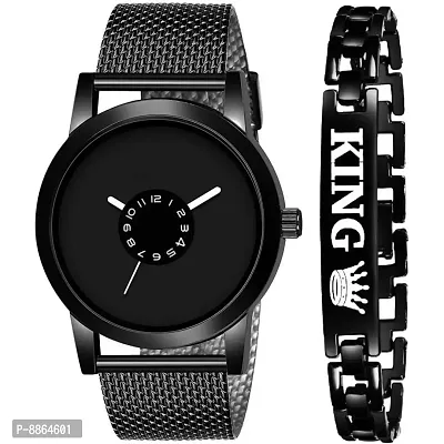 Stylish Chakri Dial- PU Strap Analog Watch And Black King Bracelet Combo Set For Men