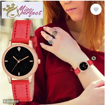 Fashionable Black Dial Genuine Leather Analog Watch For Women-thumb0