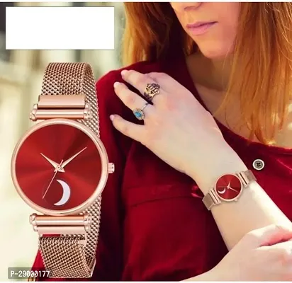 Fashionable Red Dial Metal Analog Watch For Women-thumb0