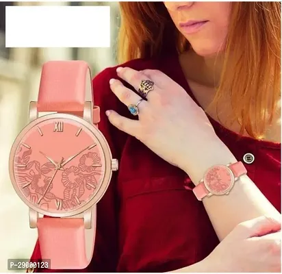 Fashionable Peach Dial Genuine Leather Analog Watch For Women-thumb0