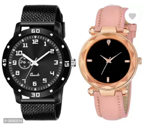 Modern Black PU Analog Watches For Couple Pack Of 2-thumb0