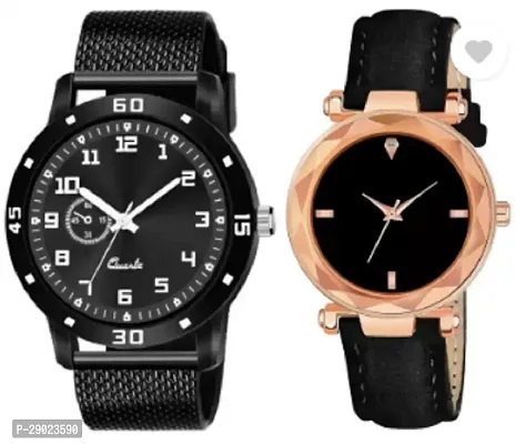 Stylish Black PU Analog Watches Combo For Couple-thumb0